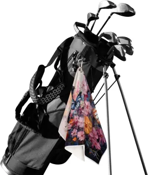 KOBLEN Microfiber Golf Towel with Heavy Duty Carabiner Clip, Butterflies and Blossoms 24x15 Inch Quick Dry Absorbent Towel for Golf Clubs Balls, Golf Bag Accessories for Men Women,1 Pack