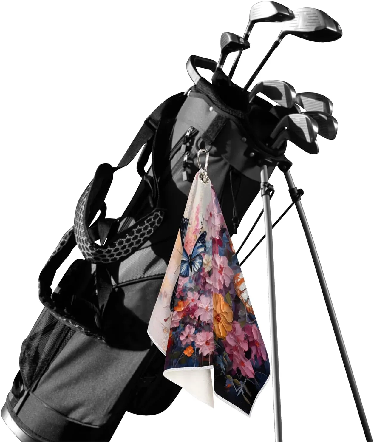 KOBLEN Microfiber Golf Towel with Heavy Duty Carabiner Clip, Butterflies and Blossoms 24x15 Inch Quick Dry Absorbent Towel for Golf Clubs Balls, Golf Bag Accessories for Men Women,1 Pack