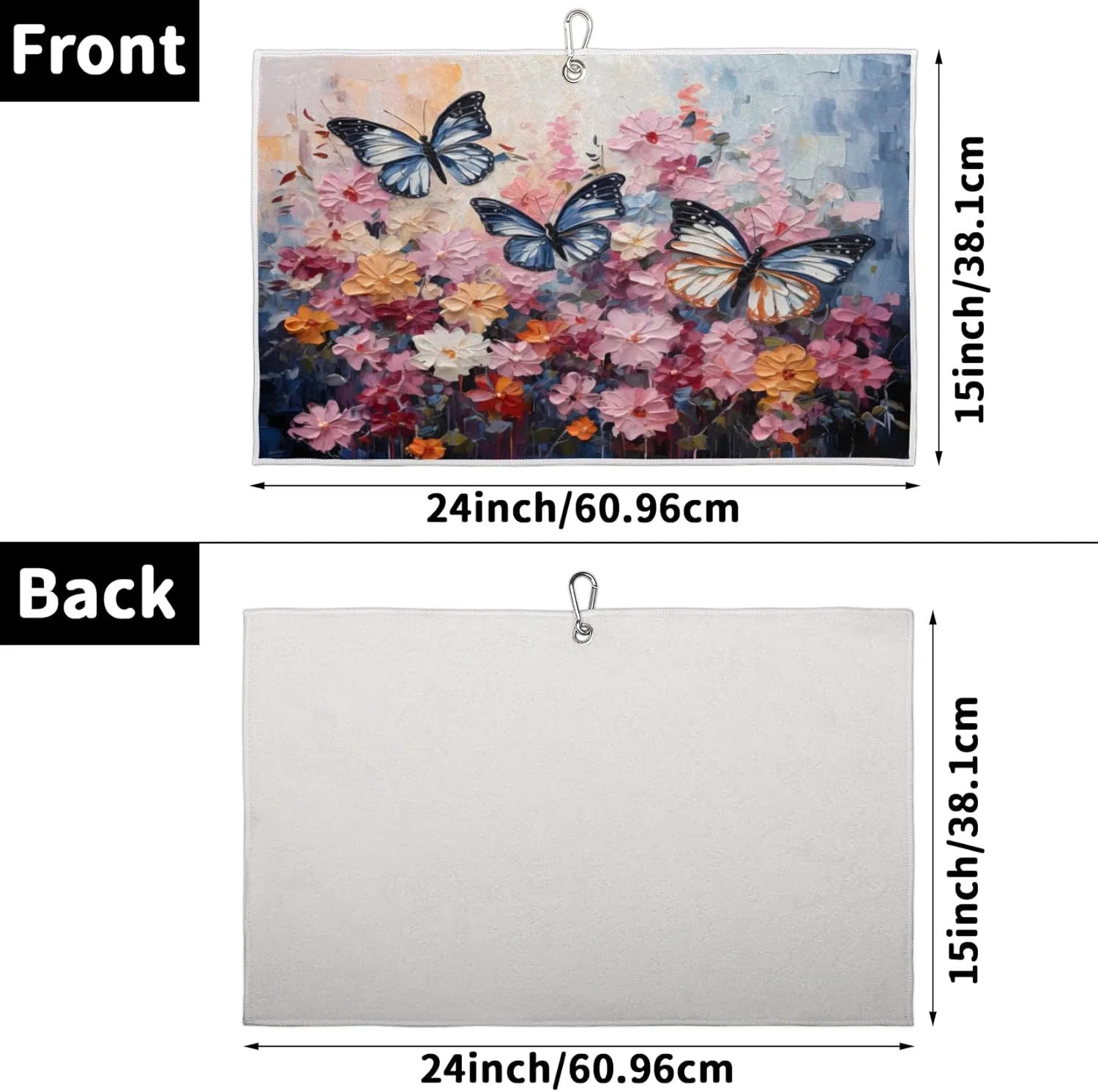 KOBLEN Microfiber Golf Towel with Heavy Duty Carabiner Clip, Butterflies and Blossoms 24x15 Inch Quick Dry Absorbent Towel for Golf Clubs Balls, Golf Bag Accessories for Men Women,1 Pack