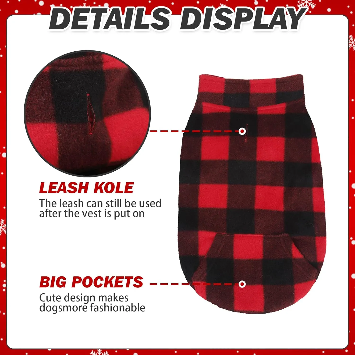 KOOLTAIL Small Dog Winter Jacket, Vest Sweater with Pocket, Leash Hole, Windproof, Red Plaid