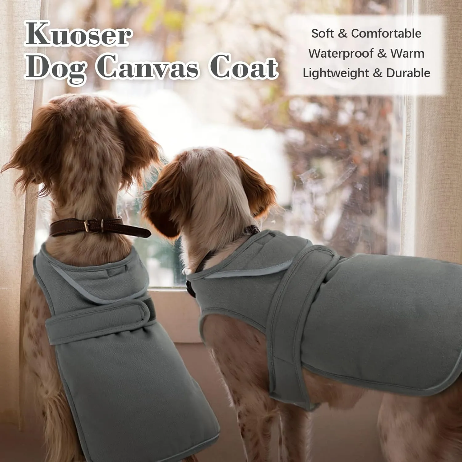 Kuoser Canvas Winter Coat, Warm Jacket Reflective Fleece Cold Weather Coat, Waterproof Vest With Zipper Leash Hole for Small Medium Large Dogs