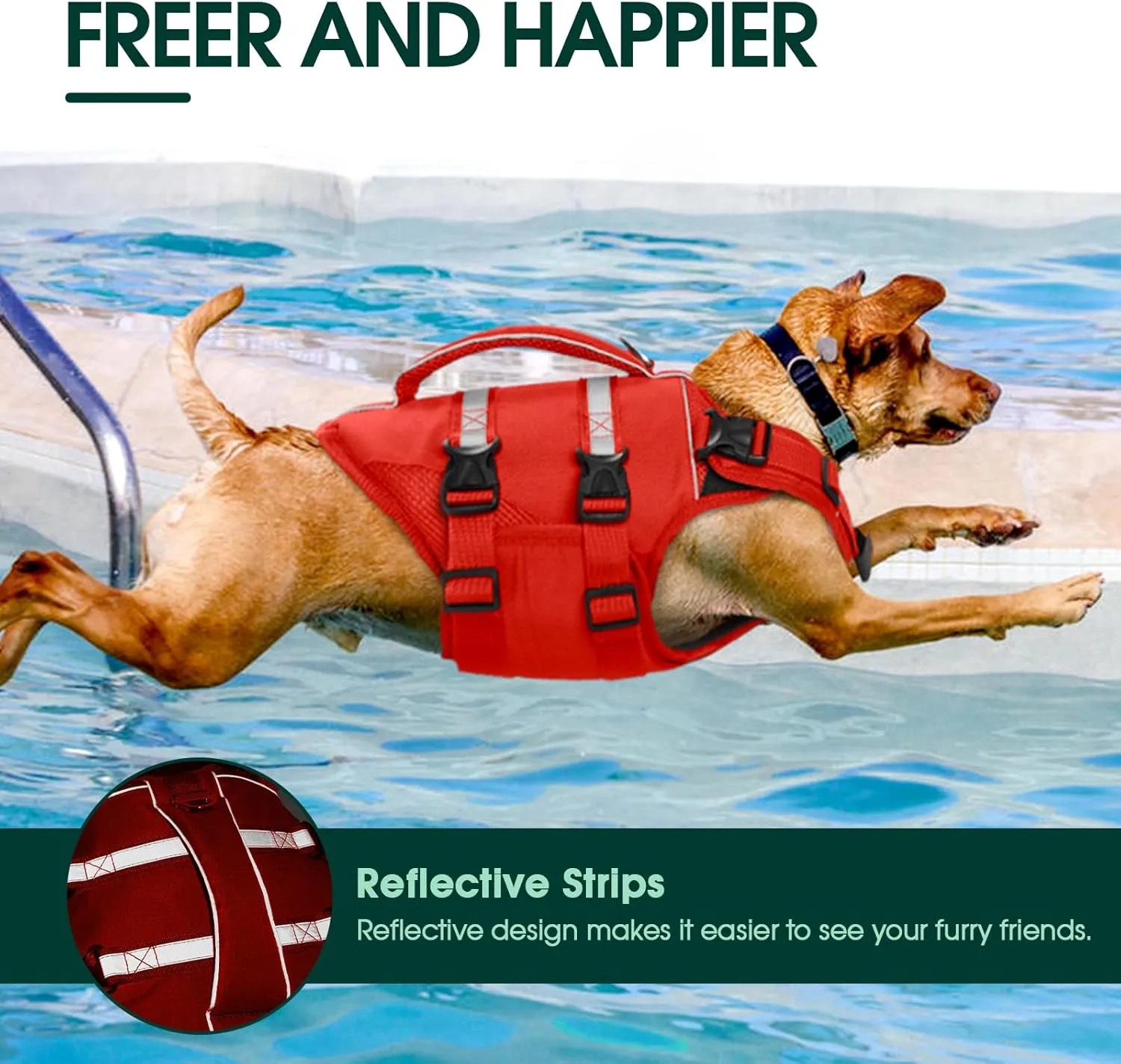 Kuoser Dog Life Jacket, High Flotation Dog Life Vest for Swimming Boating, Adjustable Ripstop Pet Lifesaver for Small Medium and Large Dogs, Reflective Safety Puppy Swimming Vest with Rescue Handle