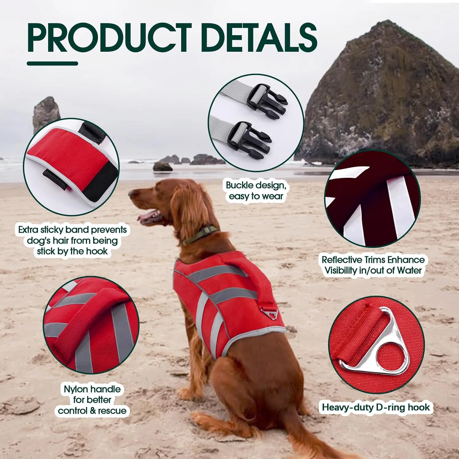 Kuoser Dog Life Jacket with Reflective Stripes - Adjustable High Visibility Vest, Ripstop Lifesaver, Pet Preserver with High Flotation Swimsuit for Small, Medium and Large Dogs