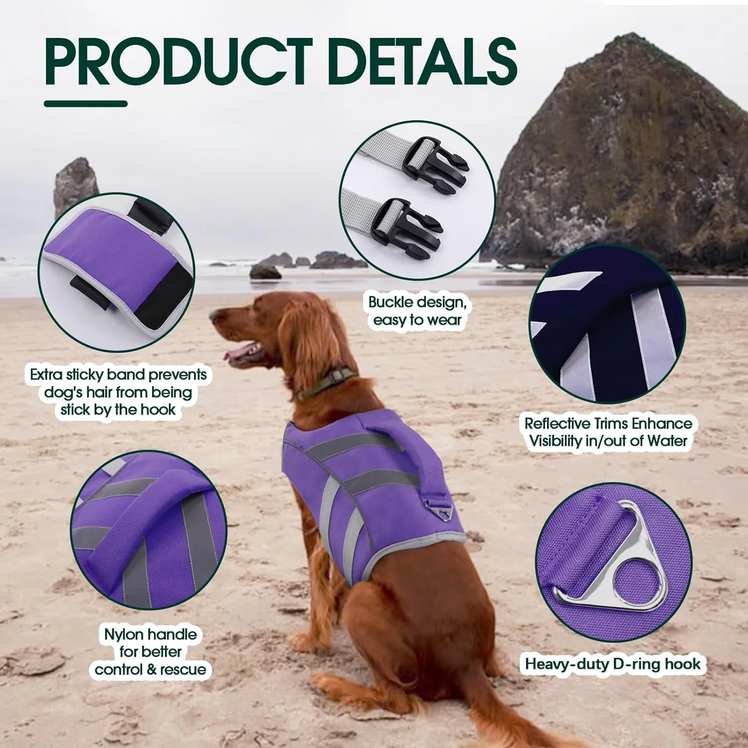 Kuoser Life Jacket with Reflective Stripes, Adjustable High Visibility Dog Vest Ripstop Lifesaver Pet Life Preserver for Small Medium and Large Dogs