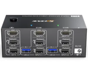 KVM Switch 3 Monitors 2 Computers 8K@60Hz 4K@144Hz, 2 Displayport   HDMI USB3.0 KVM Switch Triple Monitor with 4 USB 3.0 Port for Keyboard Mouse, Wired Remote,Power Adapter and 5 Cables Included