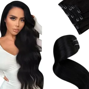 LaaVoo Clip in Hair Extensions Real Human Hair Jet Black Human Hair Clip in Extensions 20Inch Black Real Human Hair Extensions Clip ins Double Weft 5pcs 80g