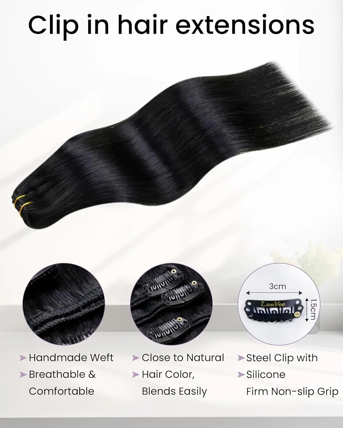 LaaVoo Clip in Hair Extensions Real Human Hair Jet Black Human Hair Clip in Extensions 20Inch Black Real Human Hair Extensions Clip ins Double Weft 5pcs 80g