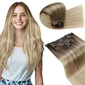 LaaVoo Clip in Hair Extensions Real Human Hair Light Brown Ombre Ash Blonde Mix Platinum Blonde Human Hair Clip in Extensions Blonde Balayage Hair Extensions Clip ins Soft Straight 18 Inch 7pcs/135g