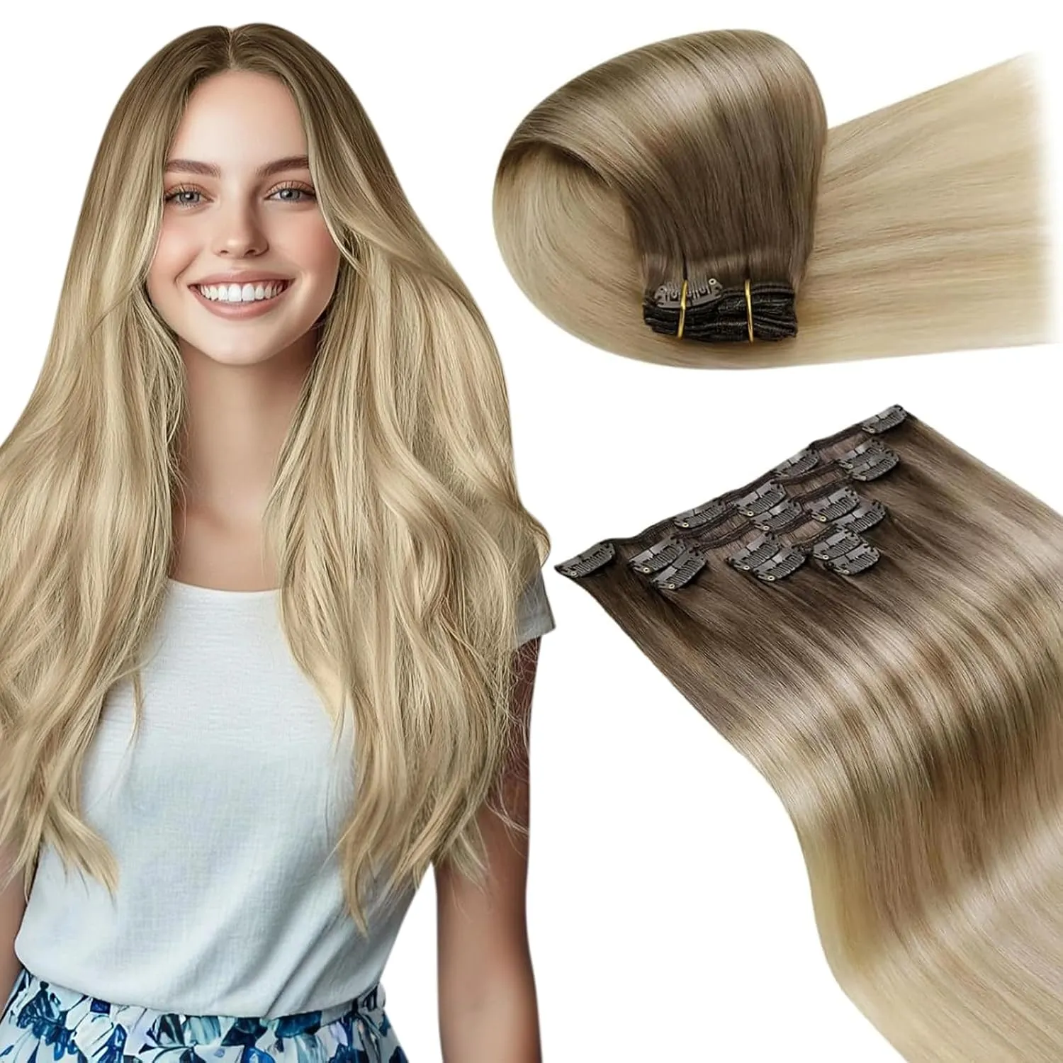 LaaVoo Clip in Hair Extensions Real Human Hair Light Brown Ombre Ash Blonde Mix Platinum Blonde Human Hair Clip in Extensions Blonde Balayage Hair Extensions Clip ins Soft Straight 18 Inch 7pcs/135g