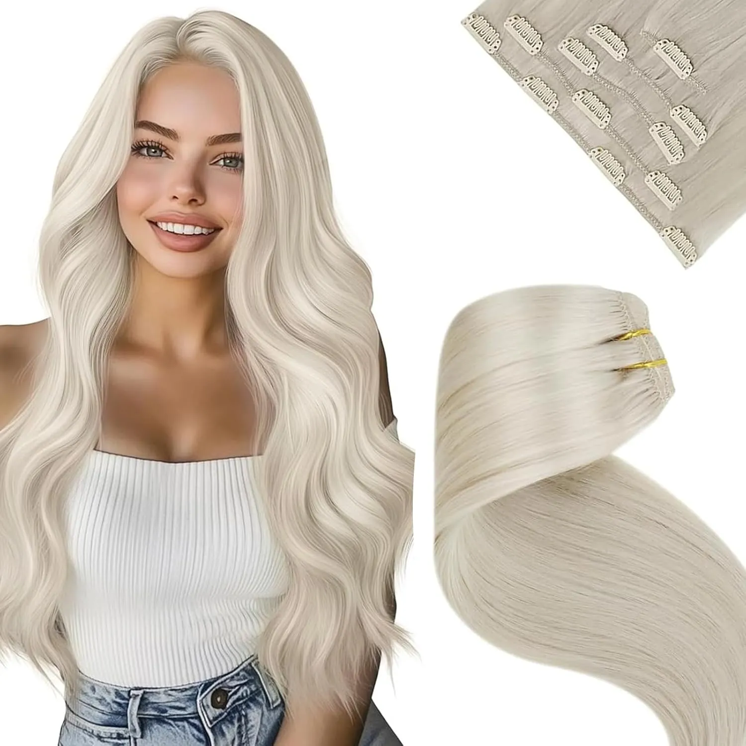 LaaVoo Human Hair Clip in Extensions Blonde Clip in Hair Extensions Real Human Hair Platinum Blonde Hair Extensions Clip ins Soft Straight Full Head 22 Inch 5pcs/80g