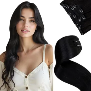 LaaVoo Human Hair Clip in Extensions Jet Black Clip in Hair Extensions Real Human Hair #1 Black Real Human Hair Extensions Straight Double Weft 22 Inch 5pcs 80g