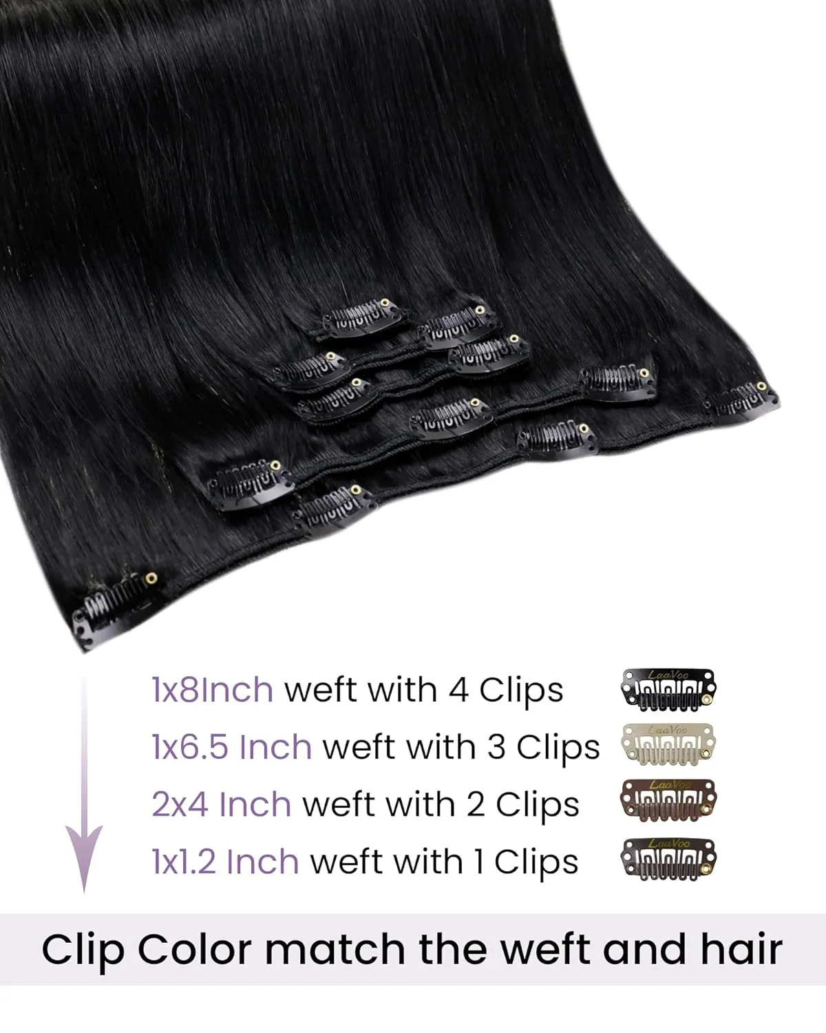 LaaVoo Human Hair Clip in Extensions Jet Black Clip in Hair Extensions Real Human Hair #1 Black Real Human Hair Extensions Straight Double Weft 22 Inch 5pcs 80g