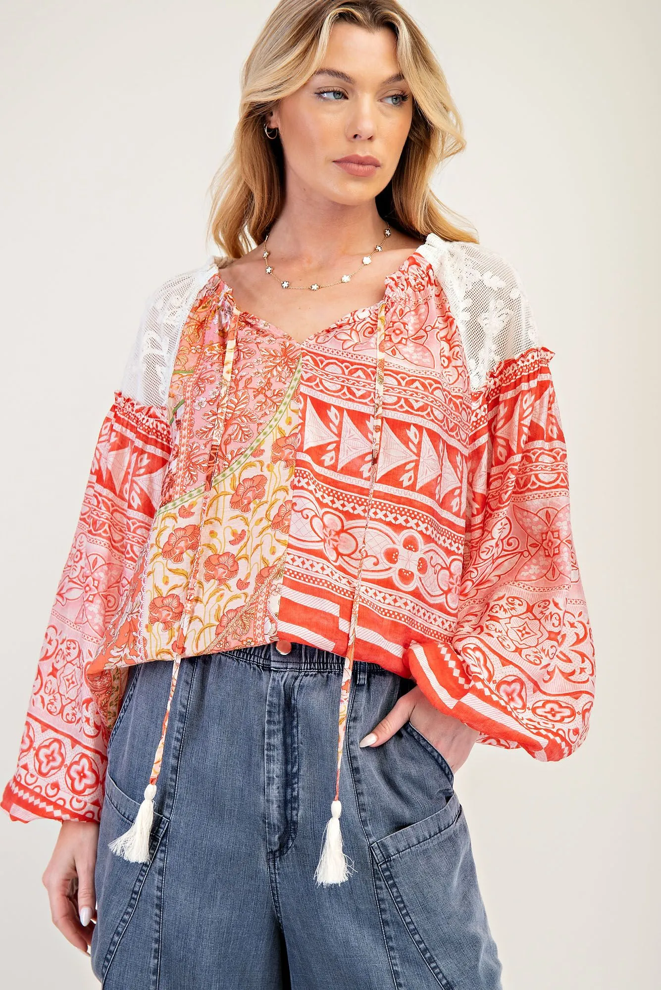 Ladies Easel Print Mix Loose Blouse - ET25952