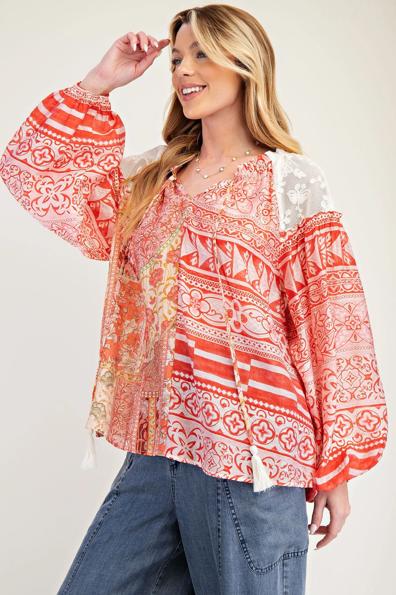 Ladies Easel Print Mix Loose Blouse - ET25952