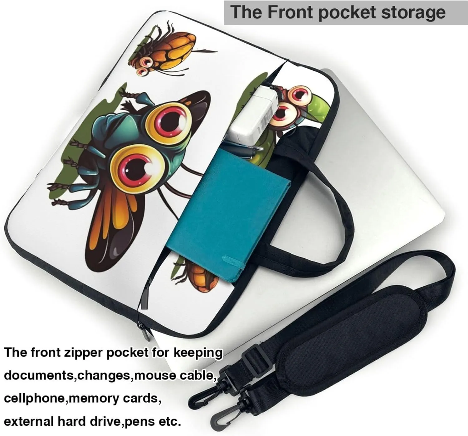 Laptop Sleeve Bag Shockproof Notebook Case Cartoon Insect Computer Carrying Case with Shoulder Strap 15.6 inch