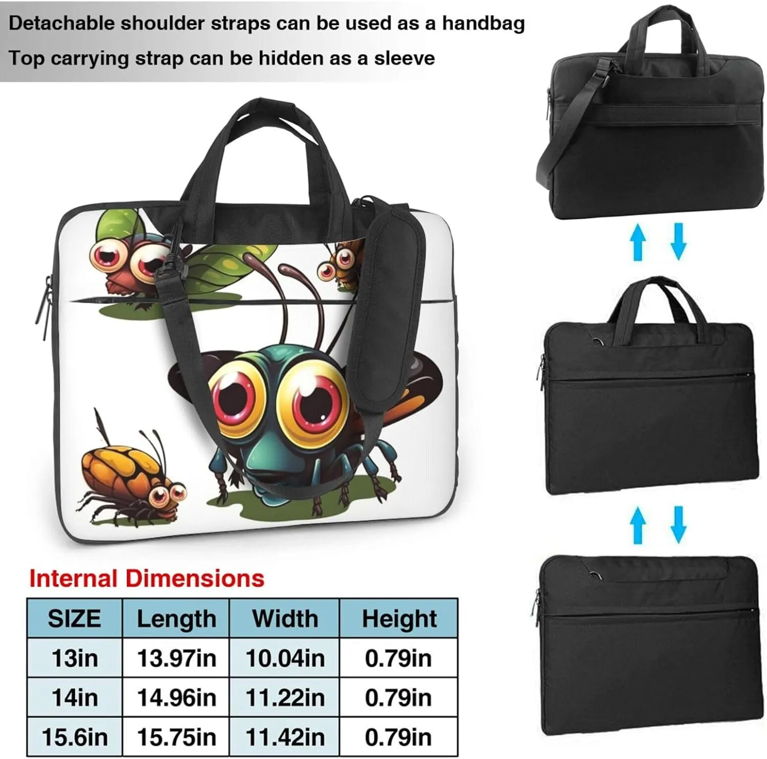 Laptop Sleeve Bag Shockproof Notebook Case Cartoon Insect Computer Carrying Case with Shoulder Strap 15.6 inch