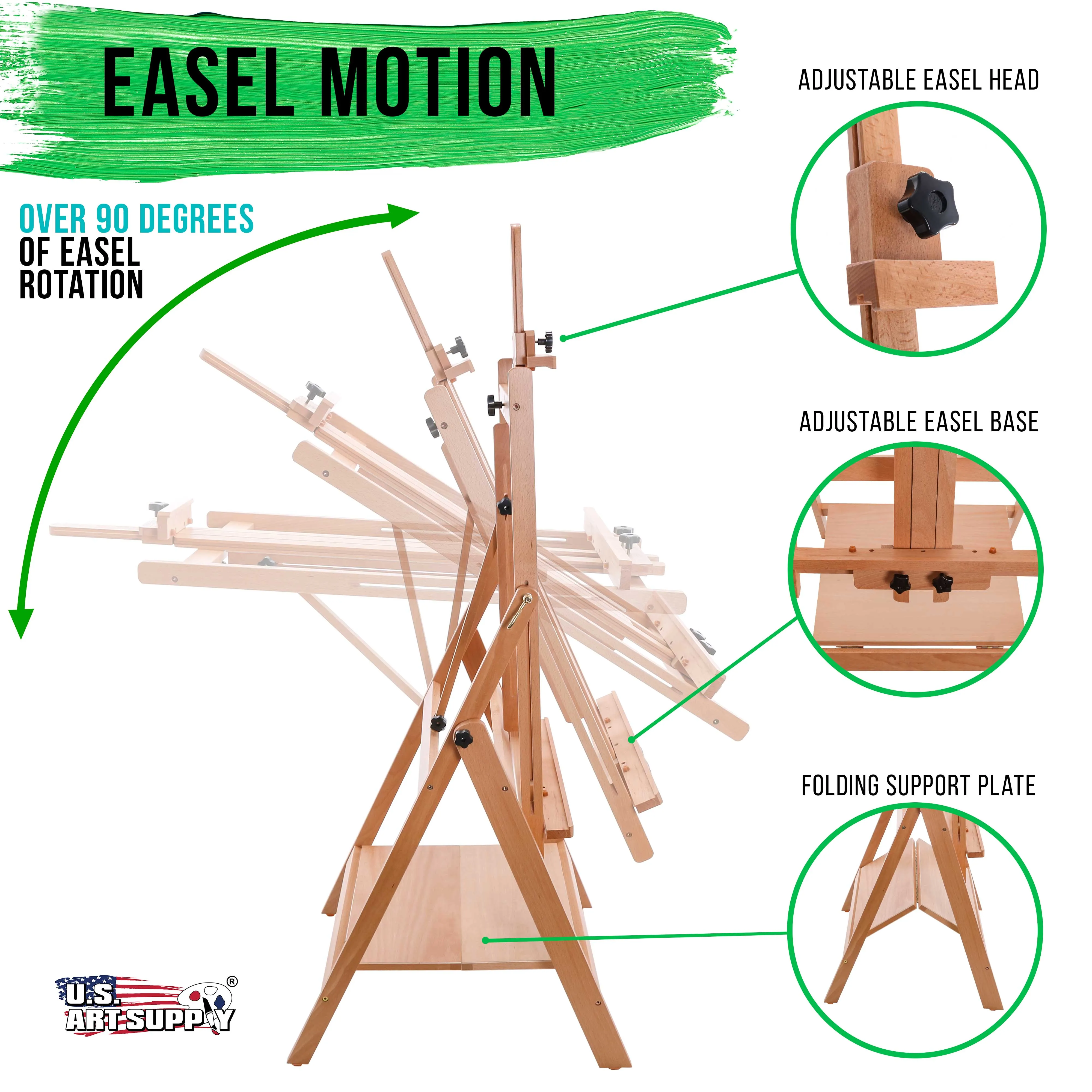 Large Adjustable H-Frame Multi-Purpose Studio Artist Wooden Floor Easel - Tilts Flat, Mast Adjusts to 88" High, Holds 59" Canvas - Sturdy Beechwood