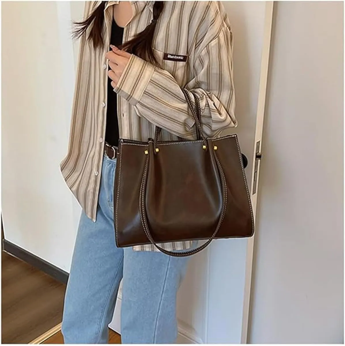 Large Capacity Faux Leather Satchel Handbag,Slouchy Work Tote Bag for Women,Fall Winter Purse Shoulder Bag with Zipper