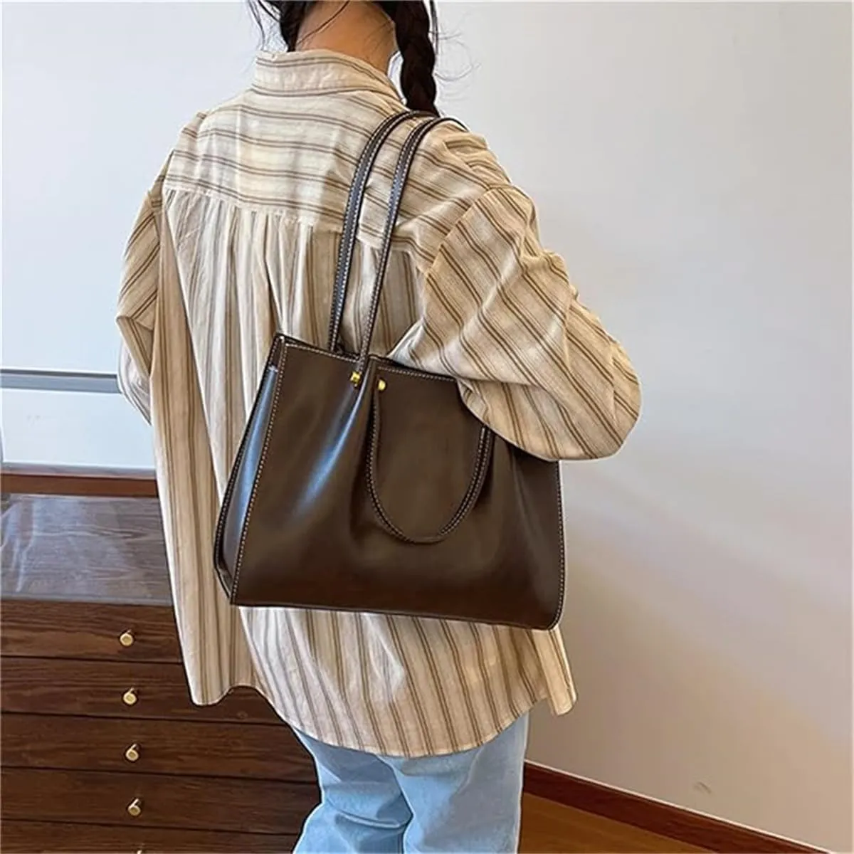 Large Capacity Faux Leather Satchel Handbag,Slouchy Work Tote Bag for Women,Fall Winter Purse Shoulder Bag with Zipper