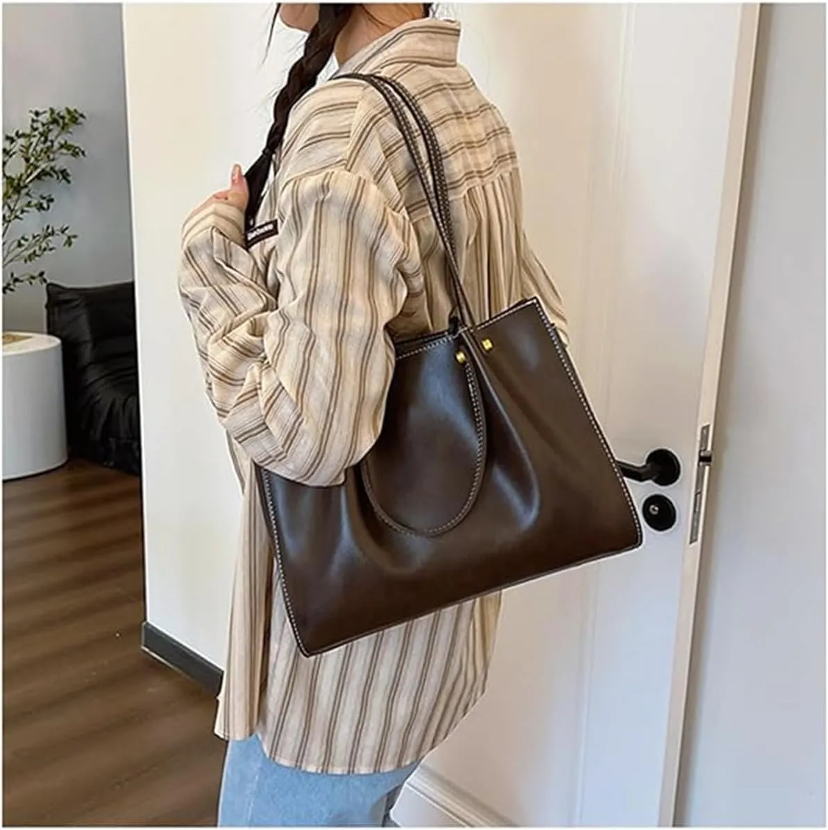 Large Capacity Faux Leather Satchel Handbag,Slouchy Work Tote Bag for Women,Fall Winter Purse Shoulder Bag with Zipper