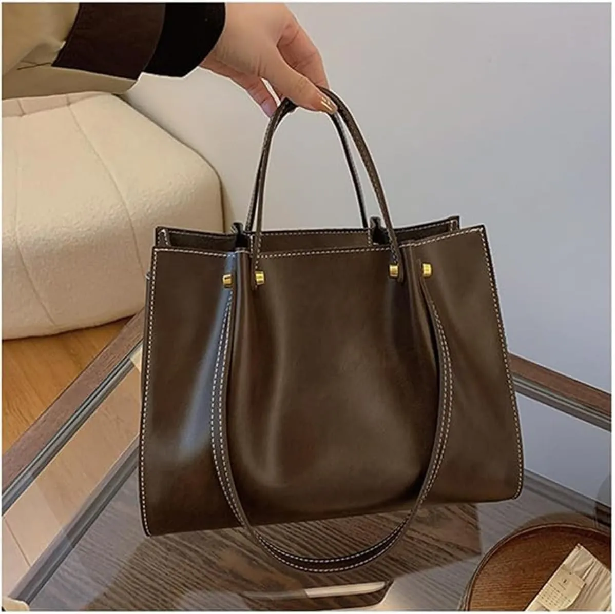 Large Capacity Faux Leather Satchel Handbag,Slouchy Work Tote Bag for Women,Fall Winter Purse Shoulder Bag with Zipper