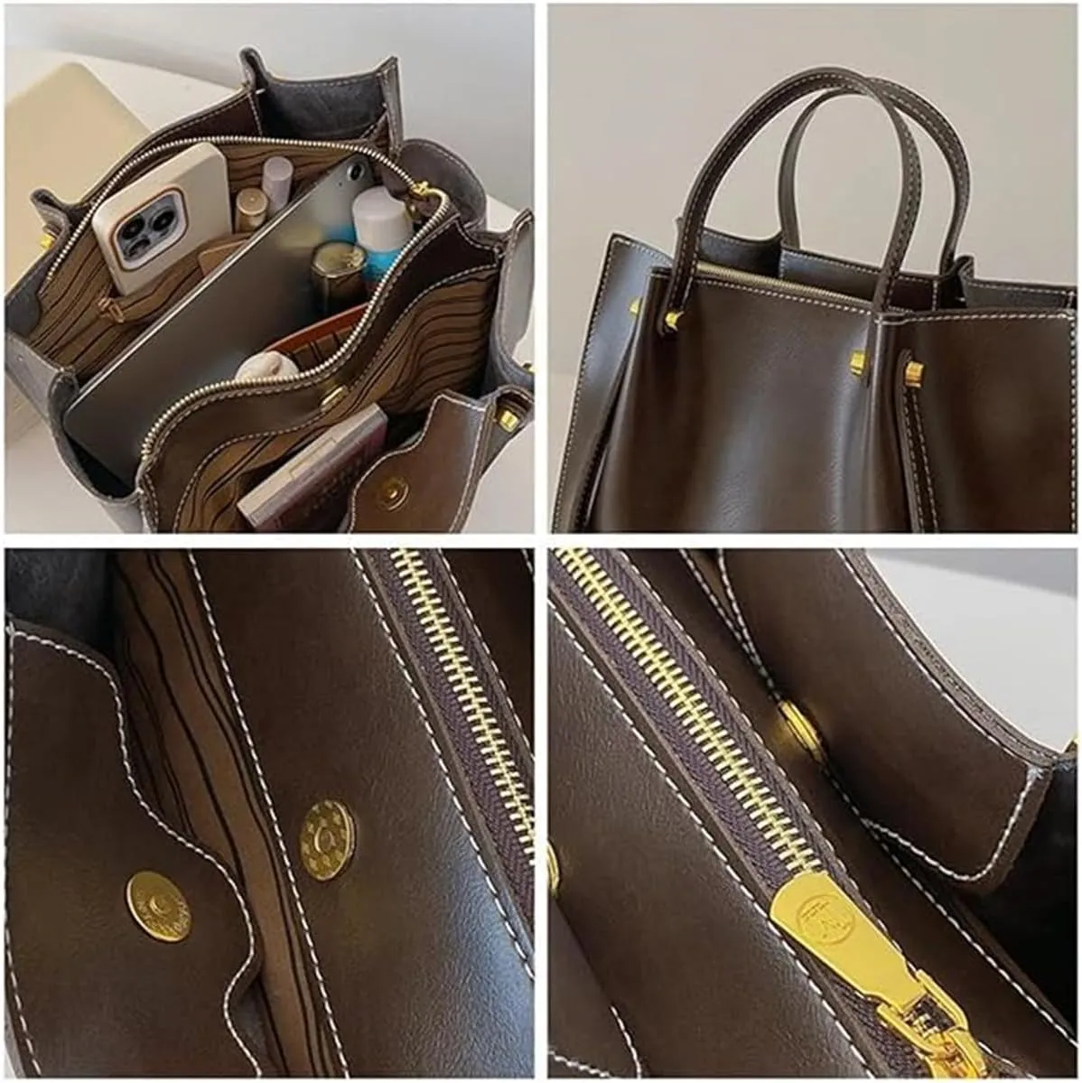 Large Capacity Faux Leather Satchel Handbag,Slouchy Work Tote Bag for Women,Fall Winter Purse Shoulder Bag with Zipper