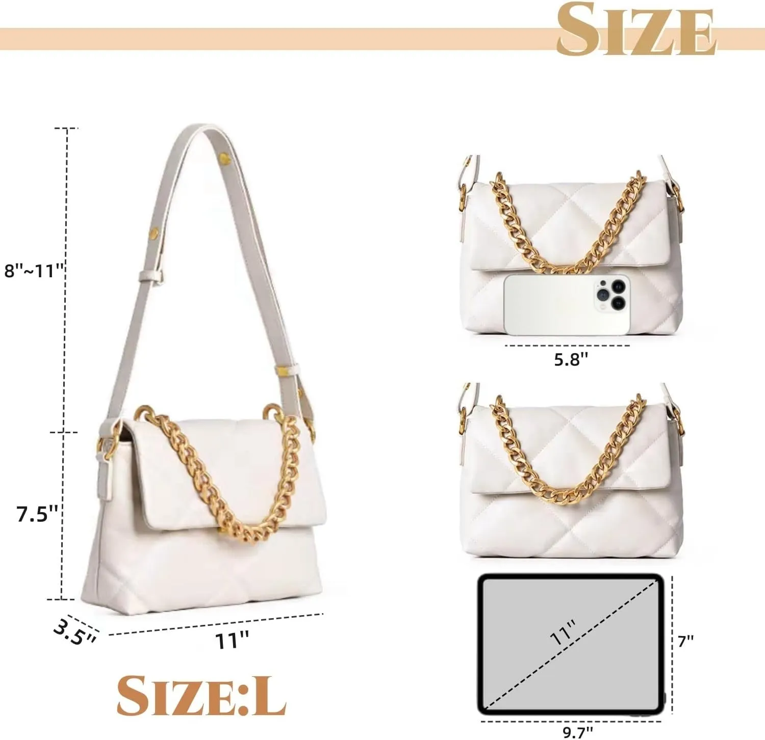 Large Capacity Quilted Bag Flap Bags for Women Trendy Tote Shoulder Crossbody Bags Travel Handbags with a Golden Chain