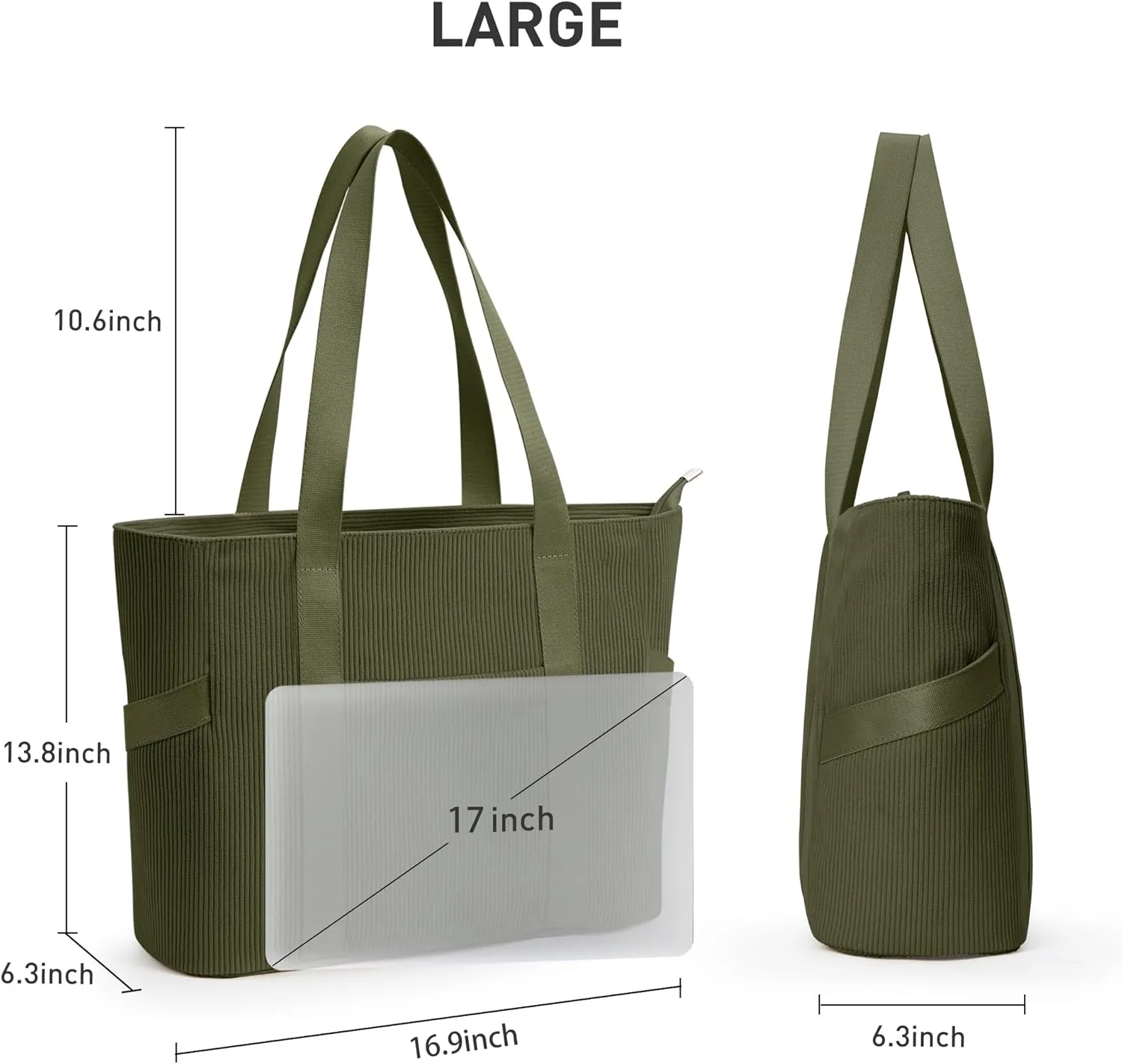 Large Corduroy Tote Bag Women Zipper 24L Anti Splash Casual Shoulder Hobo Handbag Everyday for Stanley Cup Holder