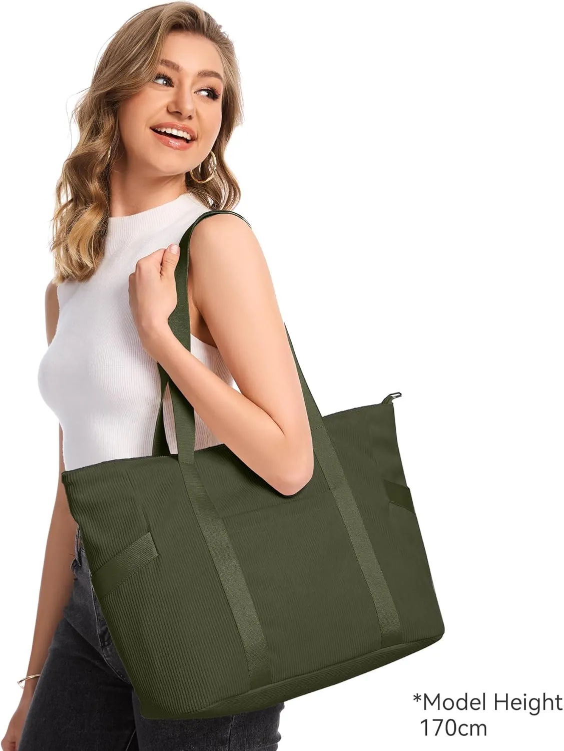 Large Corduroy Tote Bag Women Zipper 24L Anti Splash Casual Shoulder Hobo Handbag Everyday for Stanley Cup Holder