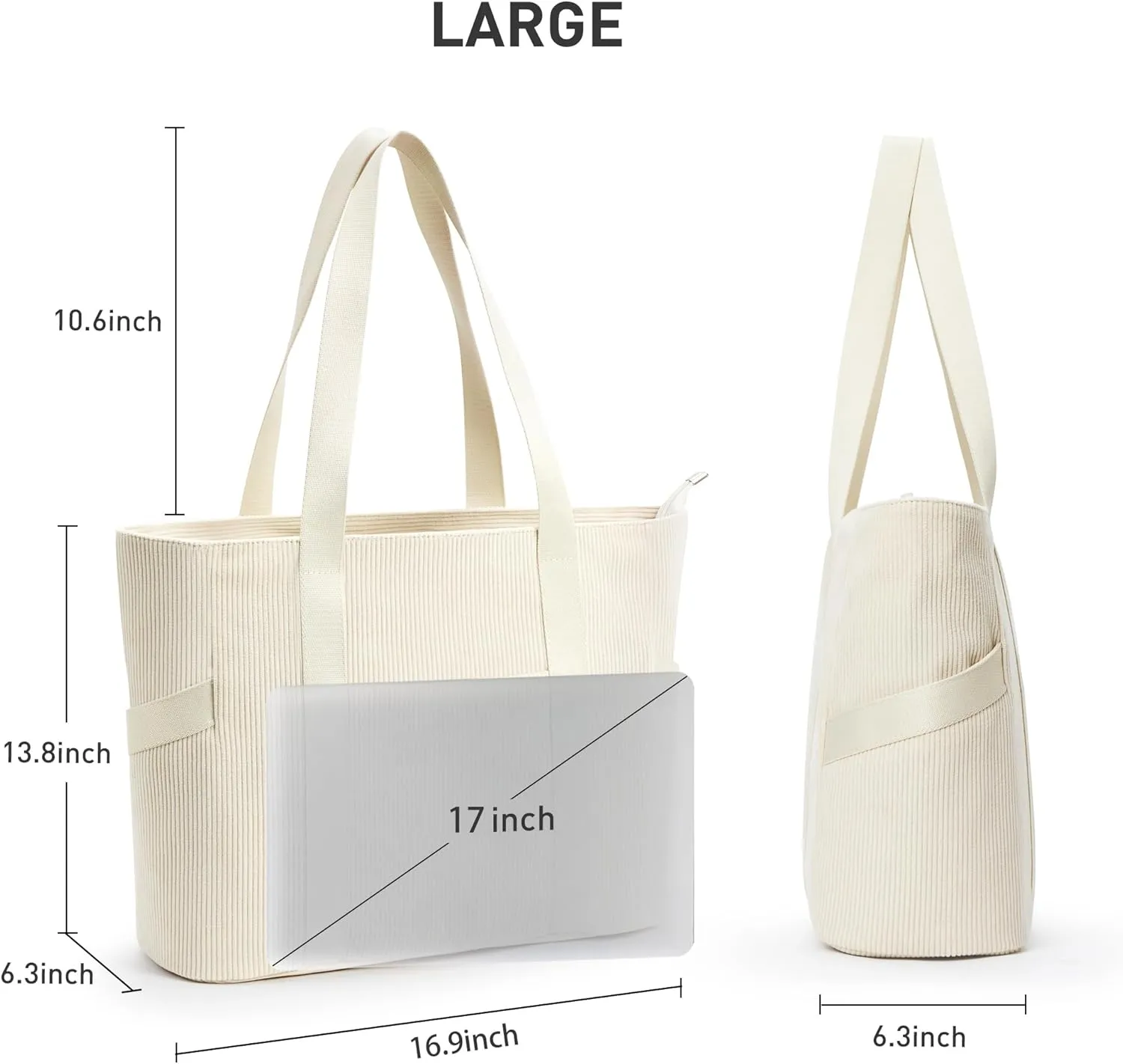 Large Corduroy Tote Bag Women Zipper 24L Anti Splash Casual Shoulder Hobo Handbag Everyday for Stanley Cup Holder