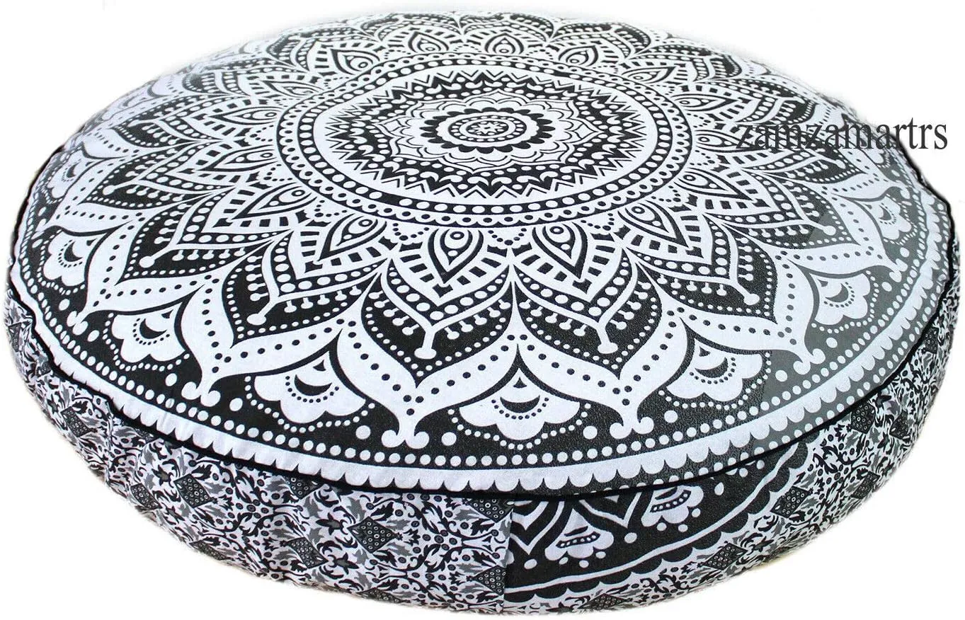 Large Indian Mandala Round Floor Cushion Cover Room Decor Cotton Pillow Sham Bohemian Ottoman Pouf Cover Outdoor Cushion Cover Pet Dog Bed Cover Beach Throws Footstool