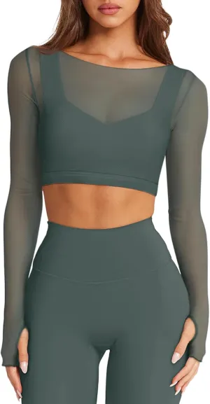 LASLULU Mesh Long Sleeve Crop Tops for Women Double Lined Workout Athletic Gym Shirts Cropped Tops with Built in Bra