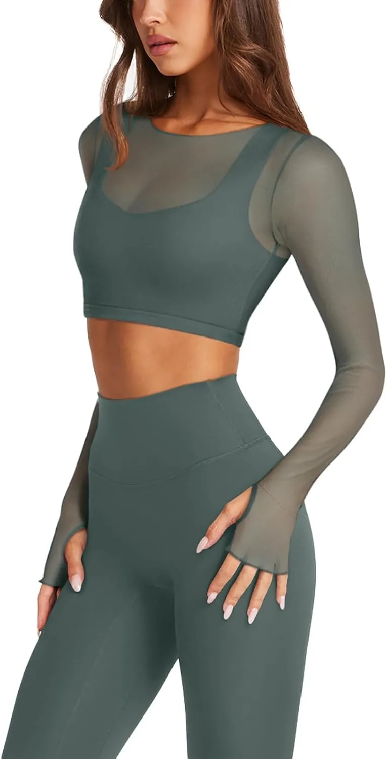 LASLULU Mesh Long Sleeve Crop Tops for Women Double Lined Workout Athletic Gym Shirts Cropped Tops with Built in Bra