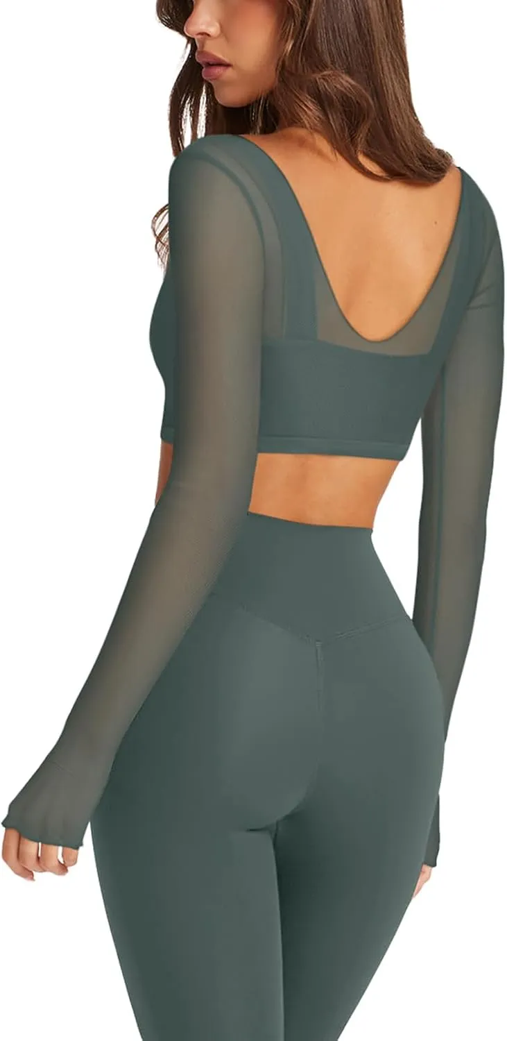 LASLULU Mesh Long Sleeve Crop Tops for Women Double Lined Workout Athletic Gym Shirts Cropped Tops with Built in Bra