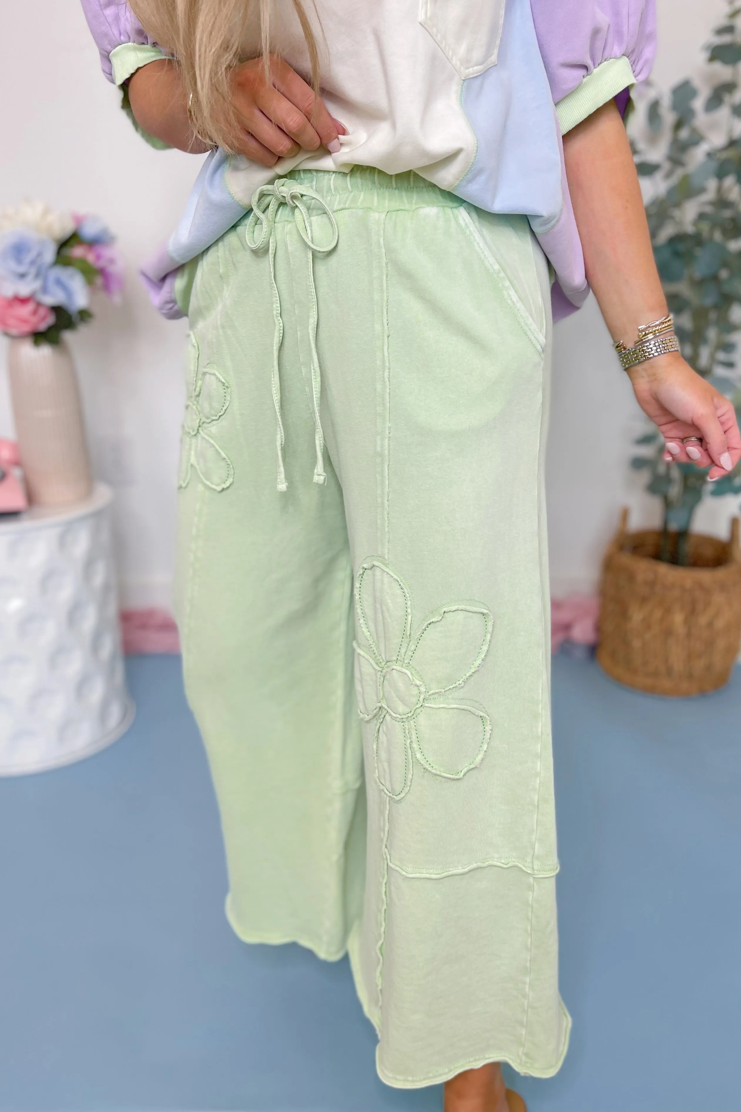 Laura Floral Detail Mineral Washed Terry Knit Wide Leg Pants