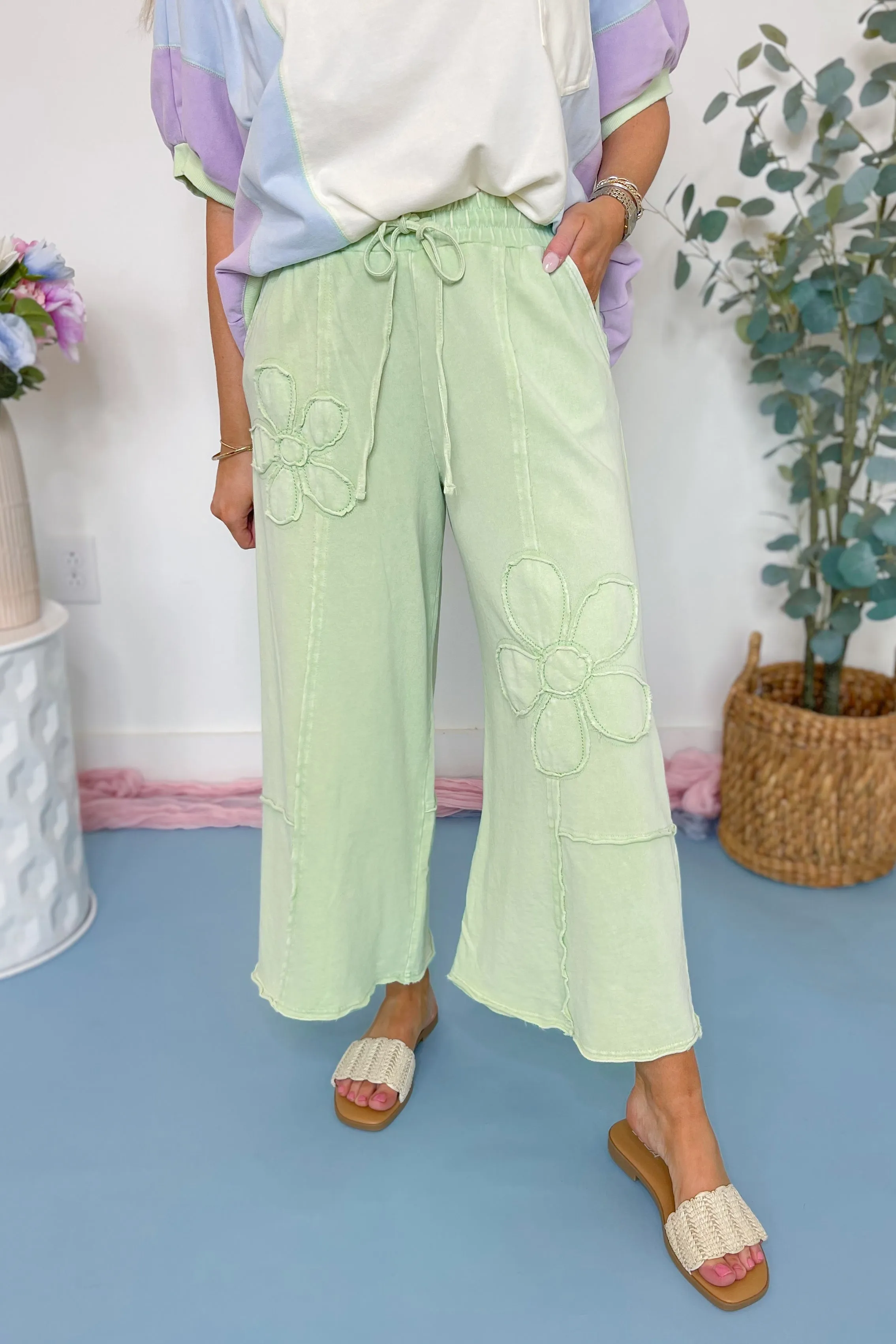 Laura Floral Detail Mineral Washed Terry Knit Wide Leg Pants