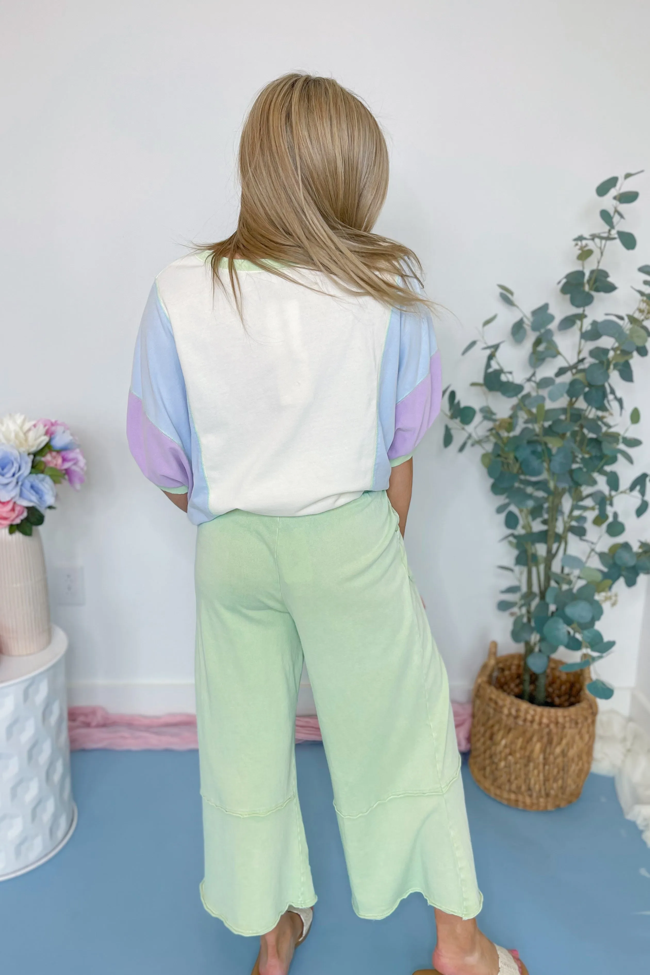 Laura Floral Detail Mineral Washed Terry Knit Wide Leg Pants