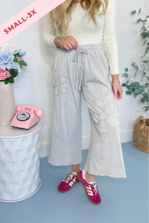Laura Floral Detail Mineral Washed Terry Knit Wide Leg Pants
