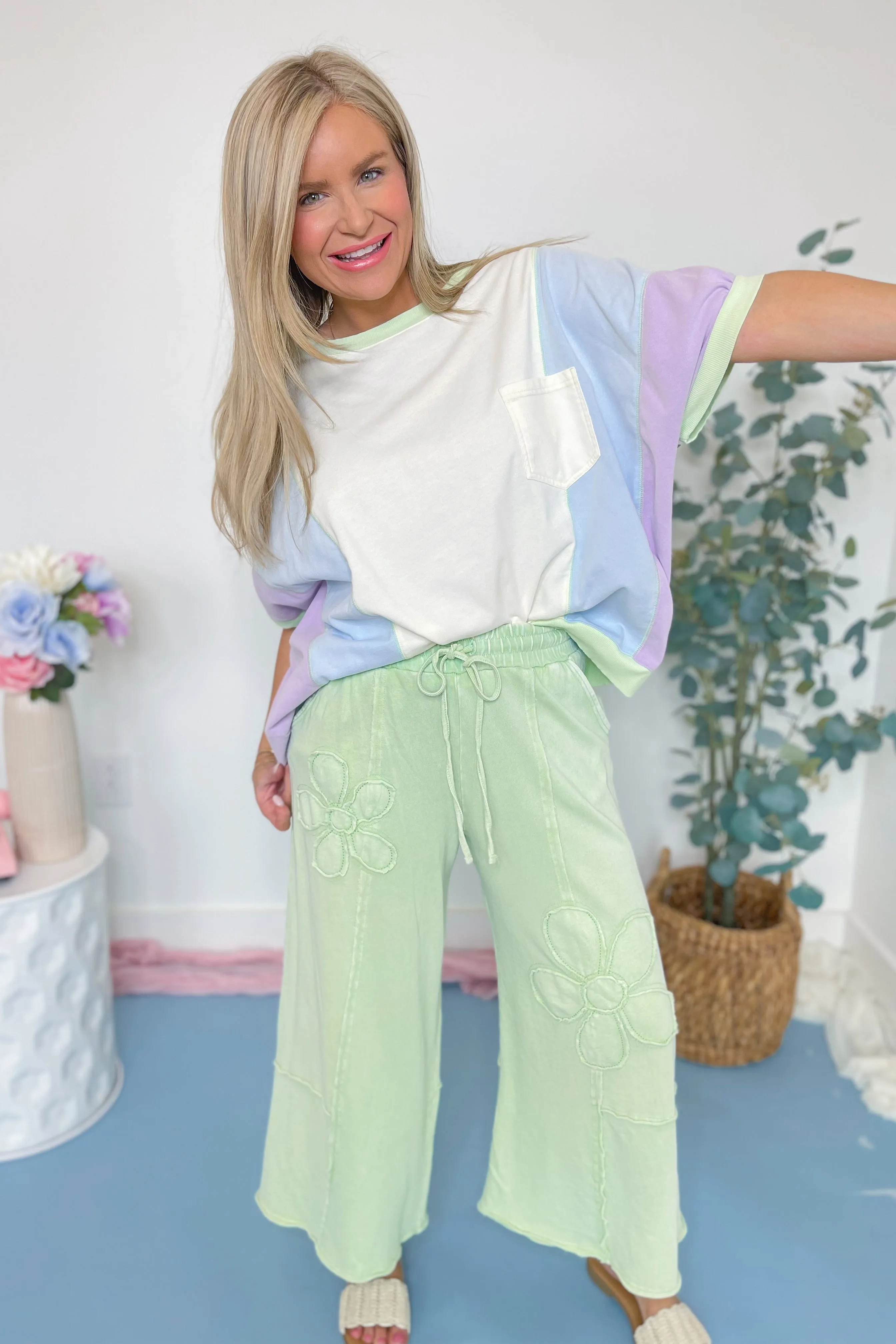 Laura Floral Detail Mineral Washed Terry Knit Wide Leg Pants