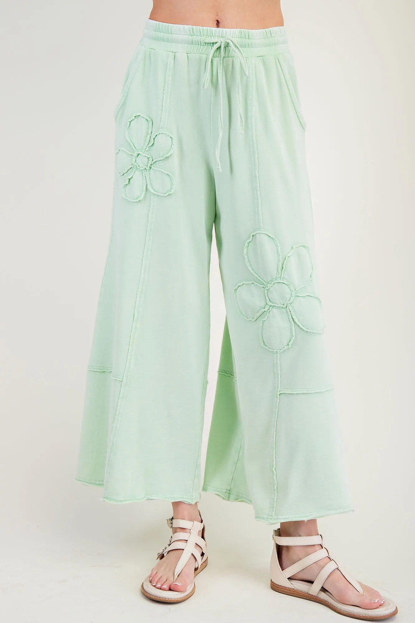 Laura Floral Detail Mineral Washed Terry Knit Wide Leg Pants