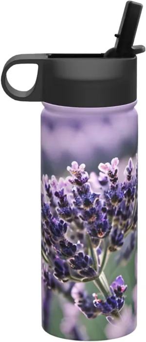 Lavender flower Print Flask Stainless Steel Water Bottle with Straw 18OZ FOR Outdoor Gym Commute