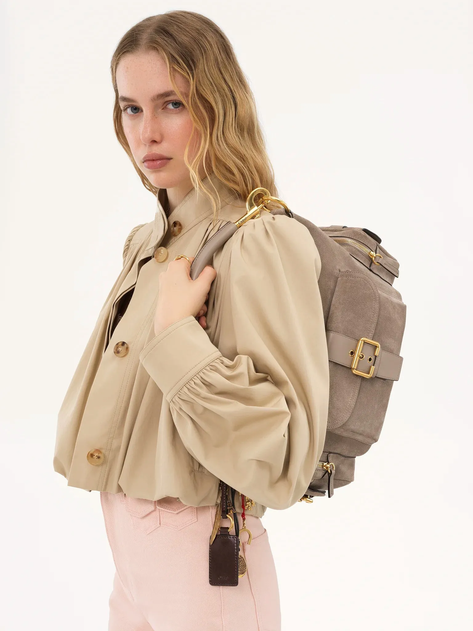 Leather-Trimmed Suede Camera Shoulder Bag