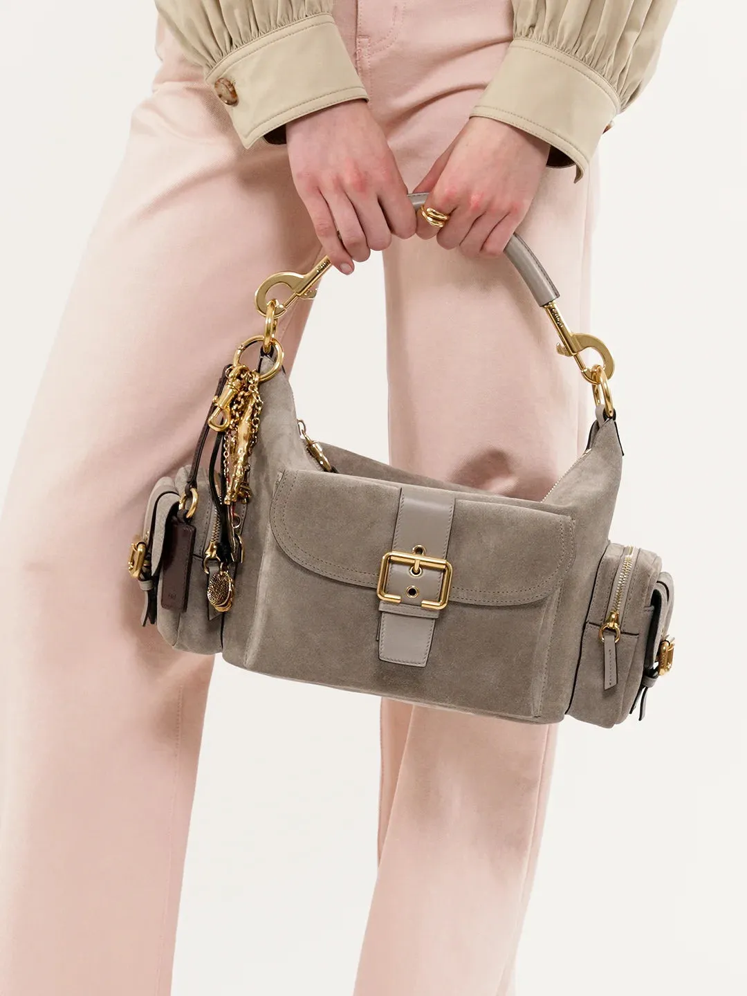 Leather-Trimmed Suede Camera Shoulder Bag