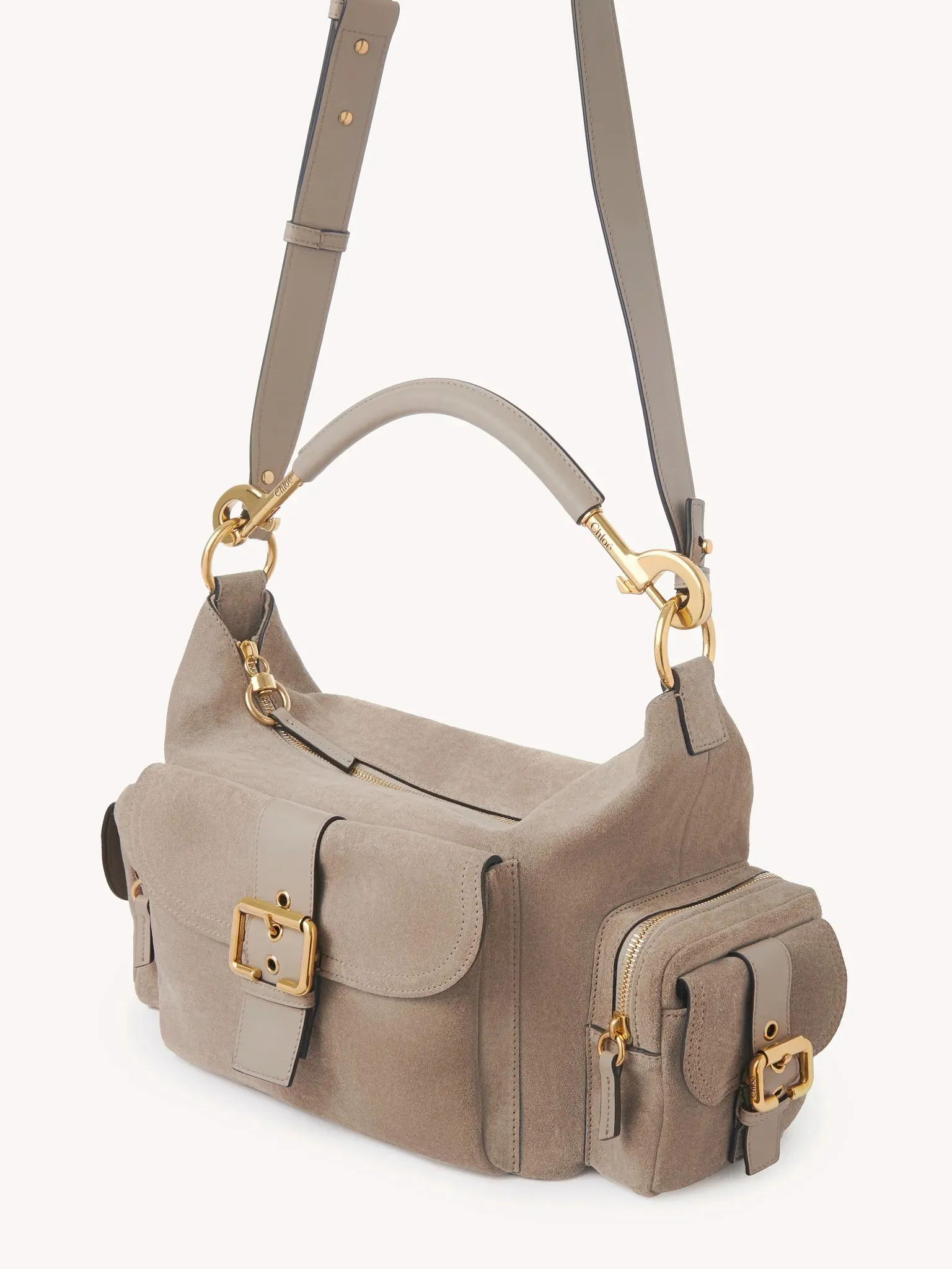Leather-Trimmed Suede Camera Shoulder Bag