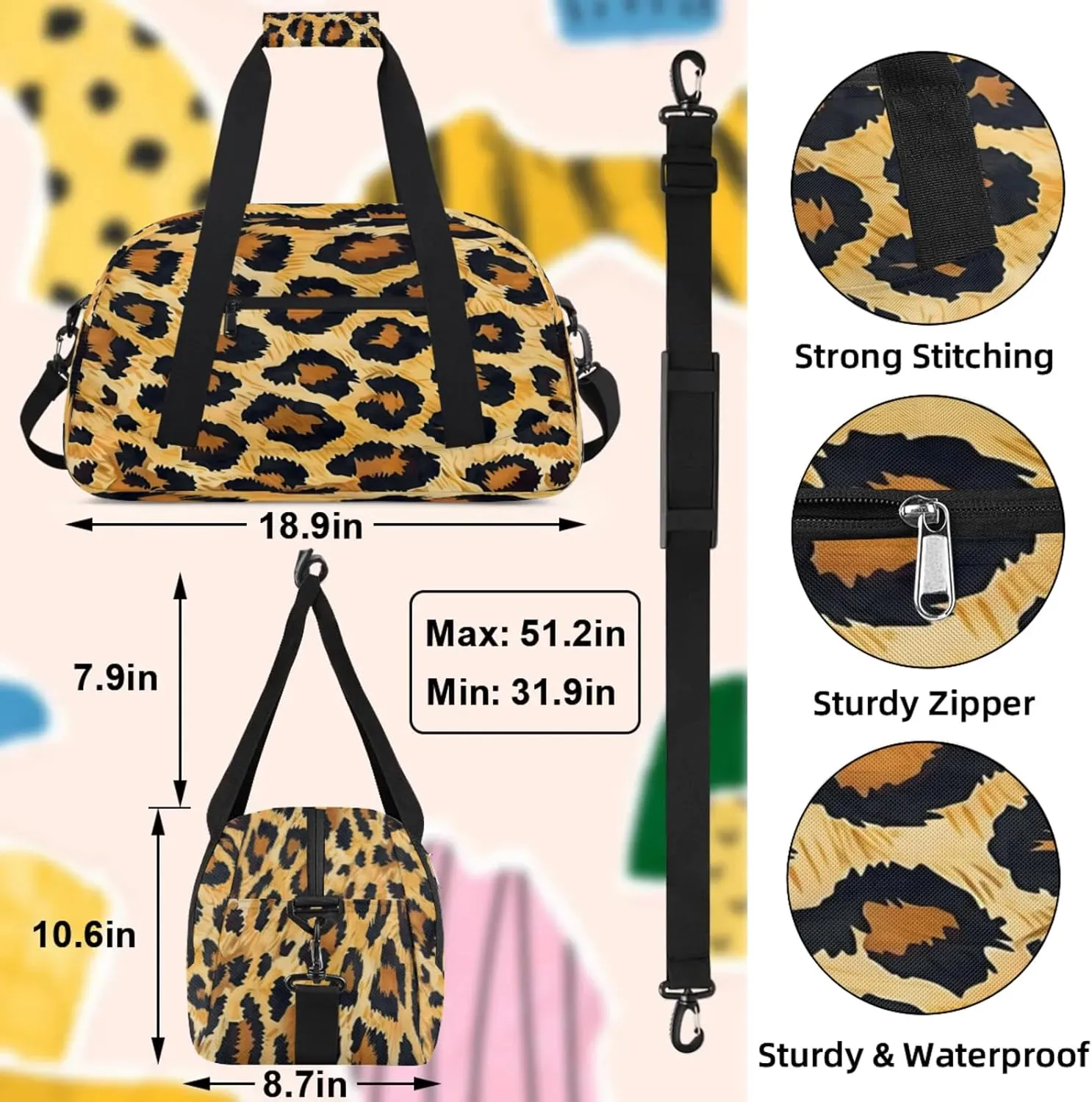 Leopard Cheetah Printed Small Gym Bag 18 inch Carry On Duffel Bag for Weekender Travel Sports Workout Yoga Gymnastics Dance Ballet