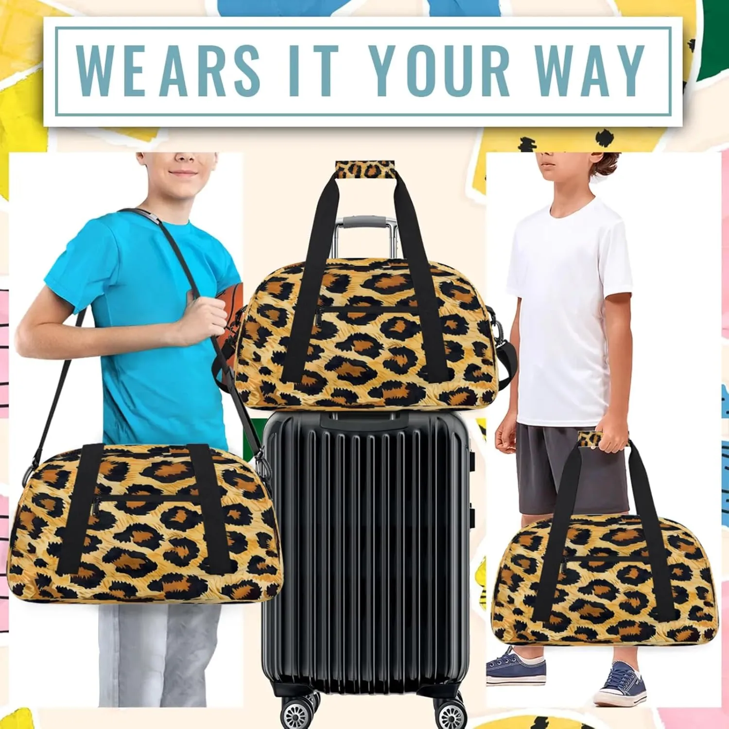 Leopard Cheetah Printed Small Gym Bag 18 inch Carry On Duffel Bag for Weekender Travel Sports Workout Yoga Gymnastics Dance Ballet