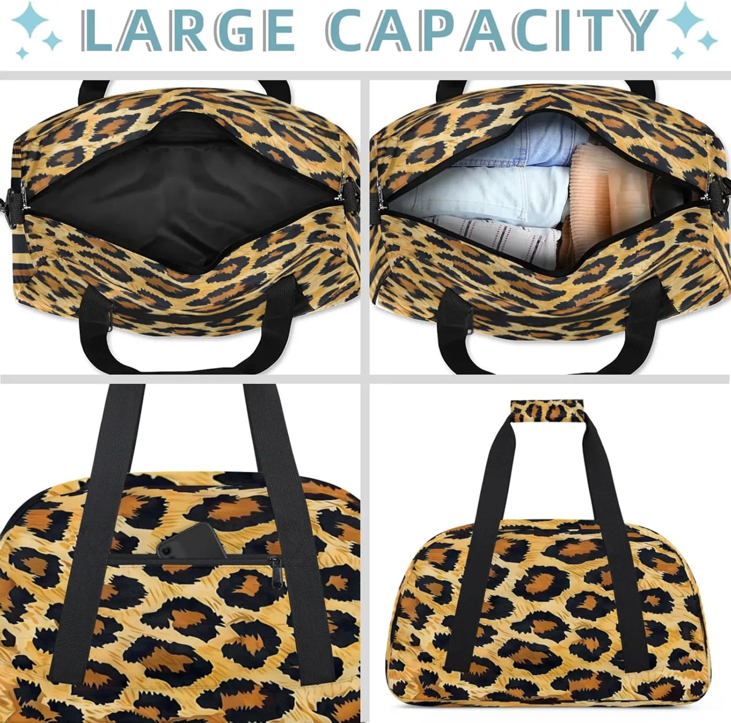 Leopard Cheetah Printed Small Gym Bag 18 inch Carry On Duffel Bag for Weekender Travel Sports Workout Yoga Gymnastics Dance Ballet