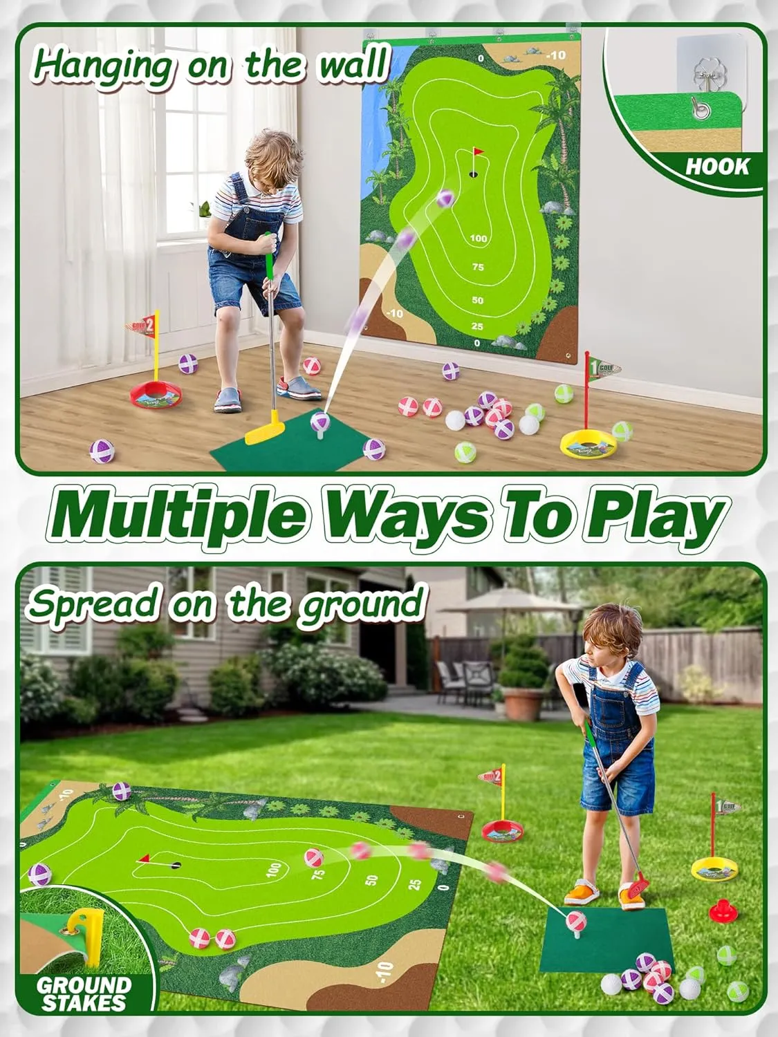 Liberry Kids Golf Set for 3 4 5 6 7 Years Old Boys Girls, Golf Chipping Game with Mat, Sticky Balls, Retractable Clubs, Storage Bag, Indoor Outdoor Sports Toy Gift Toss Game