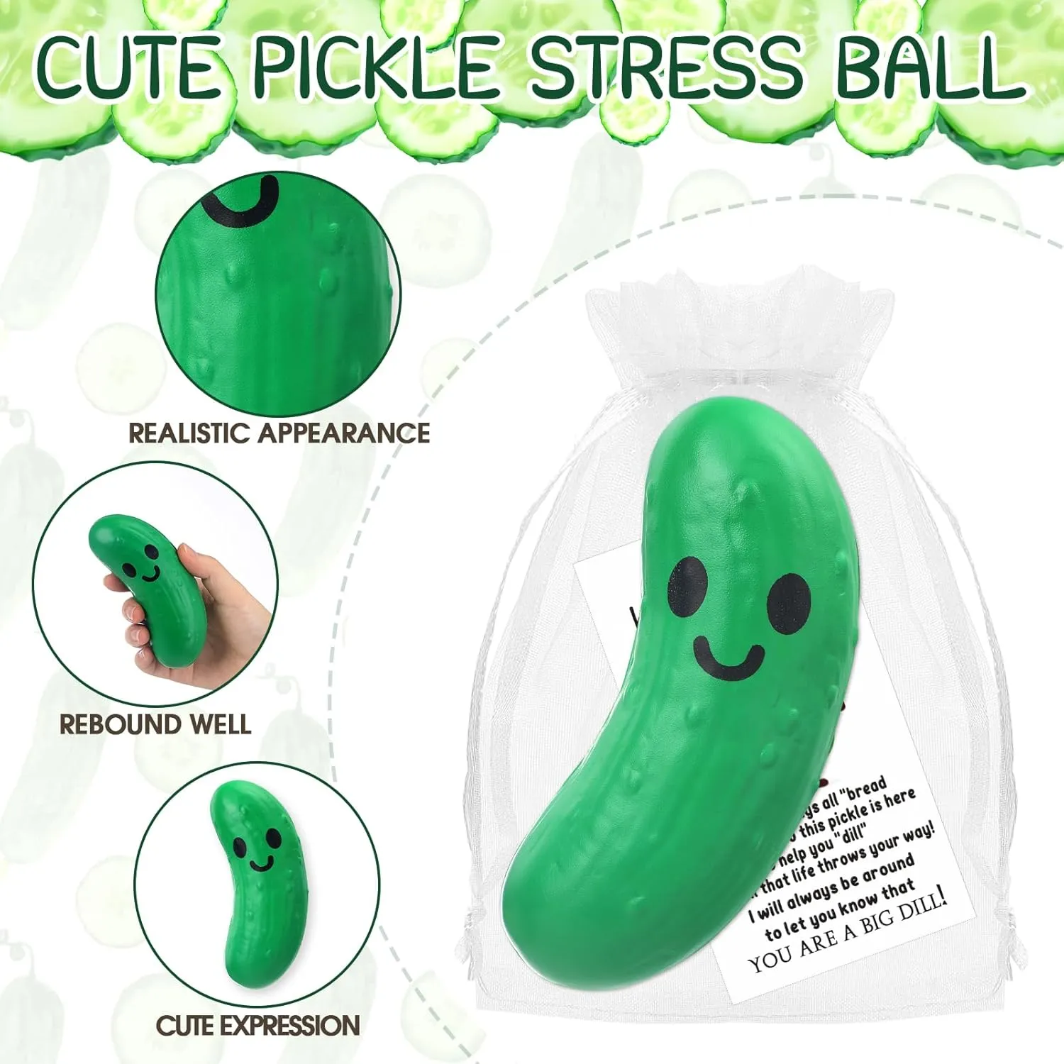 Libima 50 Pcs Inspirational Stress Balls Bulk for Graduation End of Year Student Gifts from Teacher Thank You Appreciation Positive Gift Emotional Funny Balls with Card for Employee Team (Pickle)