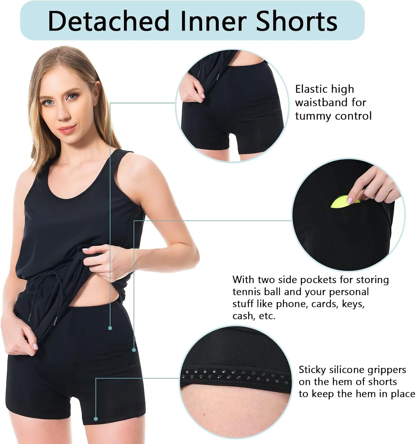 Lightbare Women’s UPF 50  Tank Dress with Pockets Detachable Shorts Drawstring Waist Quick Dry for Hiking Camping Outdoors